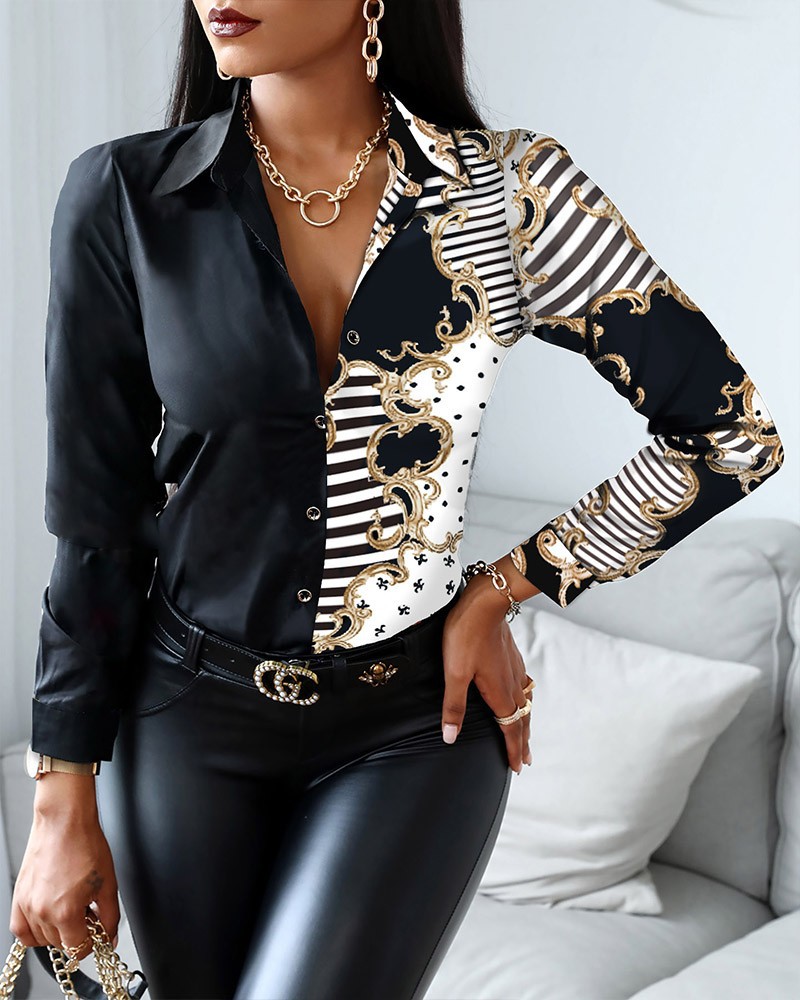 Shirt Camp Collar - Kadın Moda Vahşi Gömlek Zincir/Çiçek/Mektup/Geometrik Kare